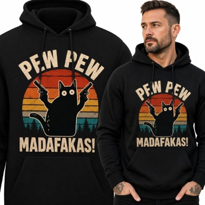 Bluza męska z kapturem z kotem rewolwerowcem „Pew Pew Madafakas!” - retro