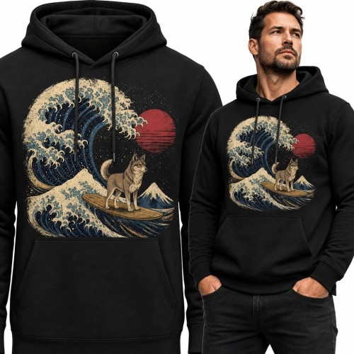 Bluza męska z kapturem - wilk surfujący na japońskiej fali