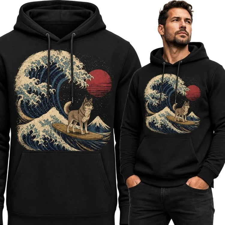 Bluza męska z kapturem - wilk surfujący na japońskiej fali
