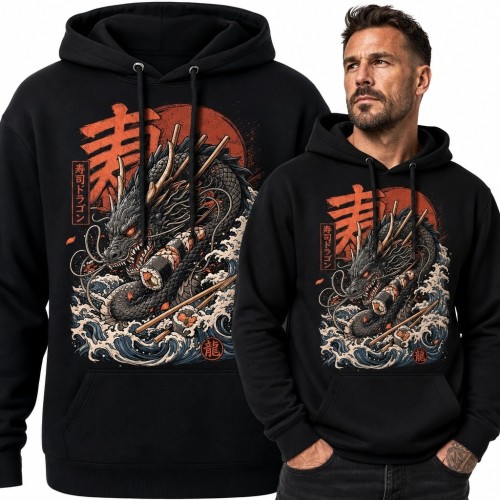 Bluza męska z kapturem z japońskim smokiem pośród fal - mroczny streetwear