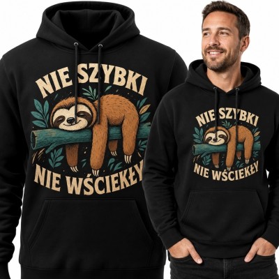 Bluza męska z kapturem „Nie szybki nie wściekły” - leniwiec w stylu retro