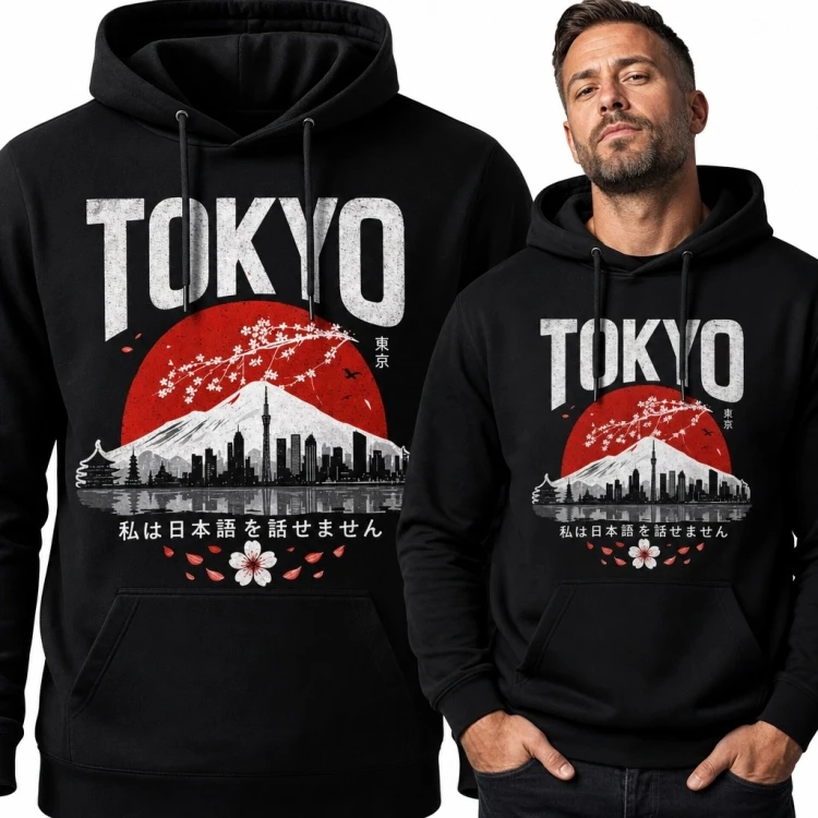 Bluza męska z kapturem „Tokyo” - góra Fudżi i panorama miasta