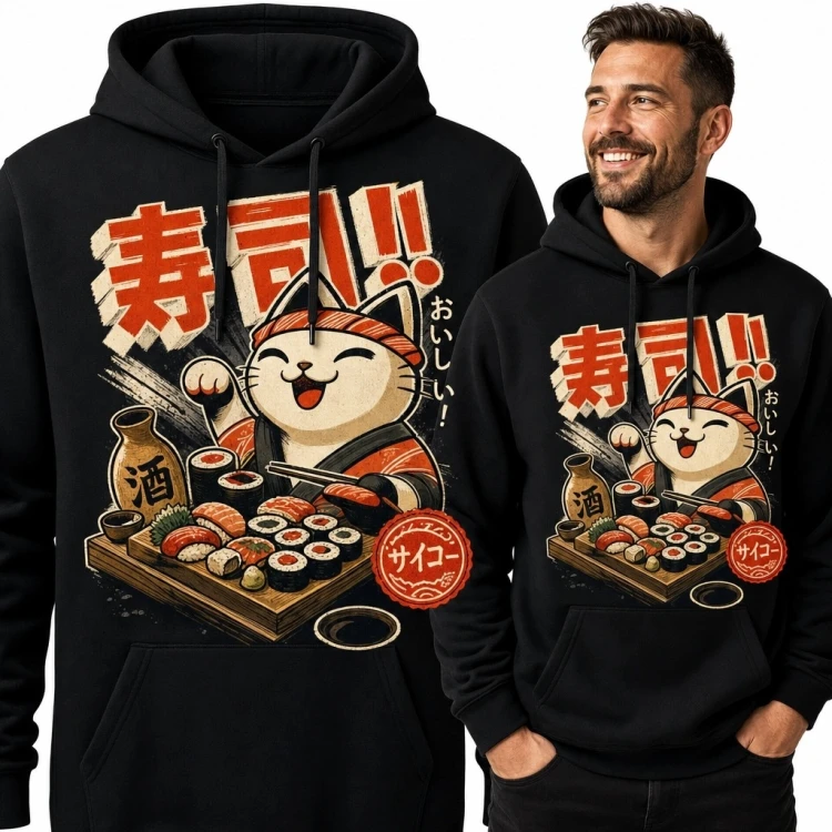 Bluza męska z kapturem „寿司!!” - kot sushi master w stylu retro