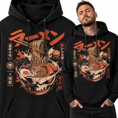 Bluza męska z kapturem z ramenem i czaszką potwora - japoński streetwear