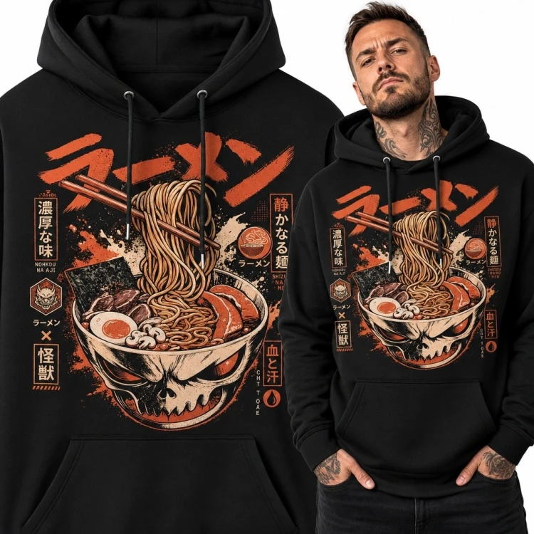 Bluza męska z kapturem z ramenem i czaszką potwora - japoński streetwear