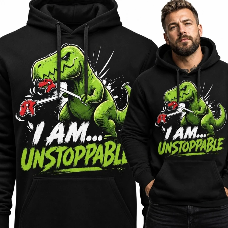 Bluza męska z kapturem z T-rexem i napisem „I am... unstoppable” - humorystyczny wzór