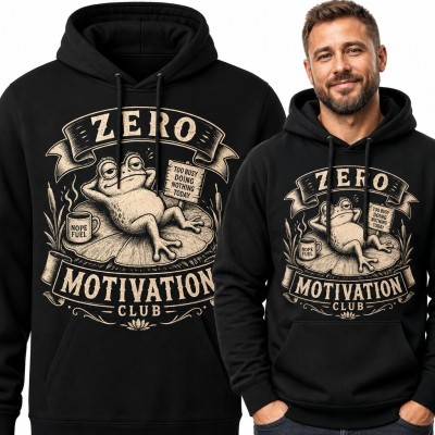 Bluza męska z kapturem z żabą „Zero Motivation Club” - retro humor