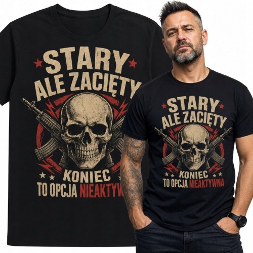 Koszulka męska z czaszką i skrzyżowanymi karabinami „Stary ale zacięty” - militarny wzór