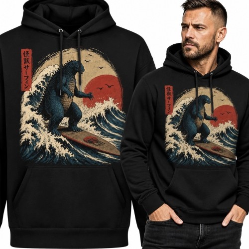 Bluza męska z kapturem - potwór kaiju surfujący na wielkiej fali