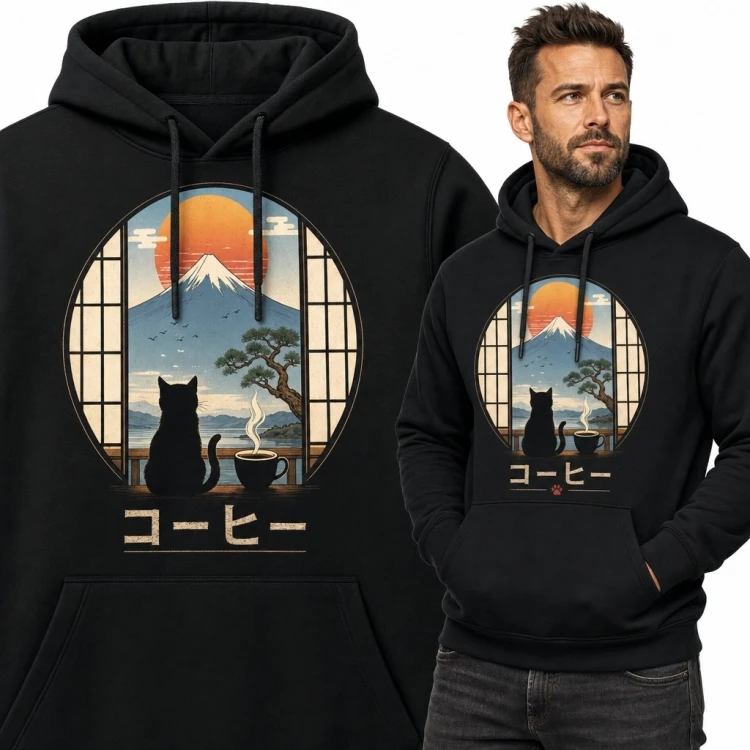 Bluza męska z kapturem - kot z kawą na tle góry Fuji w stylu retro