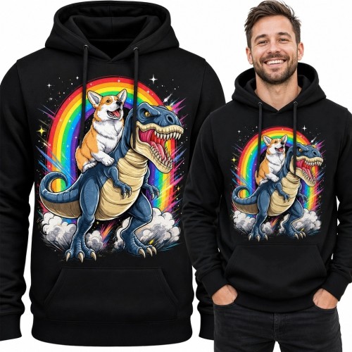 Bluza męska z kapturem - corgi jadący na T-rexie pod tęczą