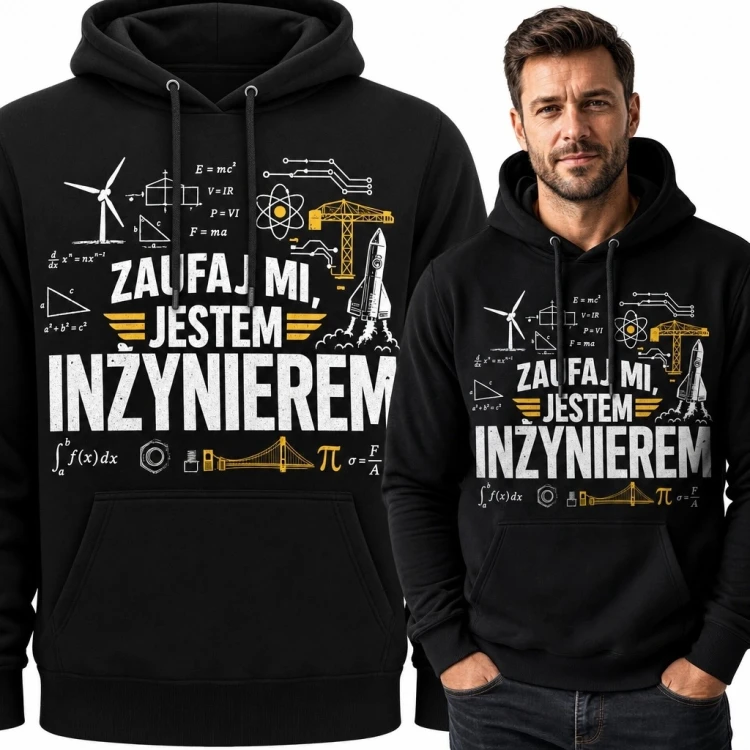 Bluza męska z kapturem z technicznym motywem „Zaufaj mi, jestem inżynierem”