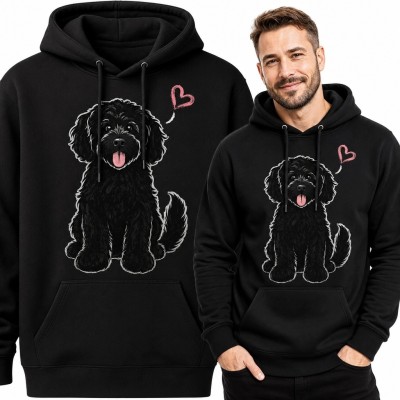 Bluza męska z kapturem z kudłatym psem i różowym sercem