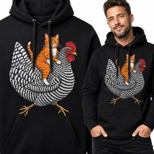 Bluza męska z kapturem - rudy kot jadący na kurze