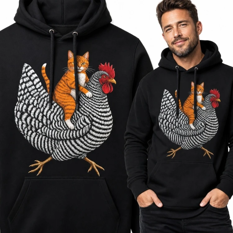 Bluza męska z kapturem - rudy kot jadący na kurze