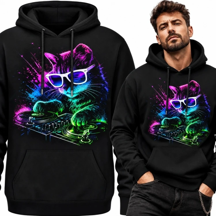 Bluza męska z kapturem z neonowym kotem-DJ - klubowy motyw muzyczny