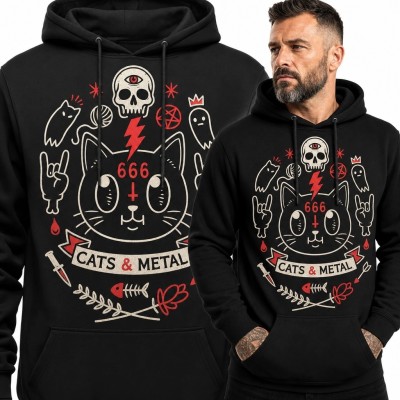 Bluza męska z kapturem z kotem „Cats &amp; Metal” - metalowy nadruk 666