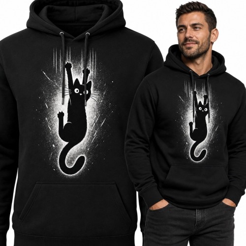 Bluza męska z kapturem z czarnym kotem - mroczny nadruk grunge