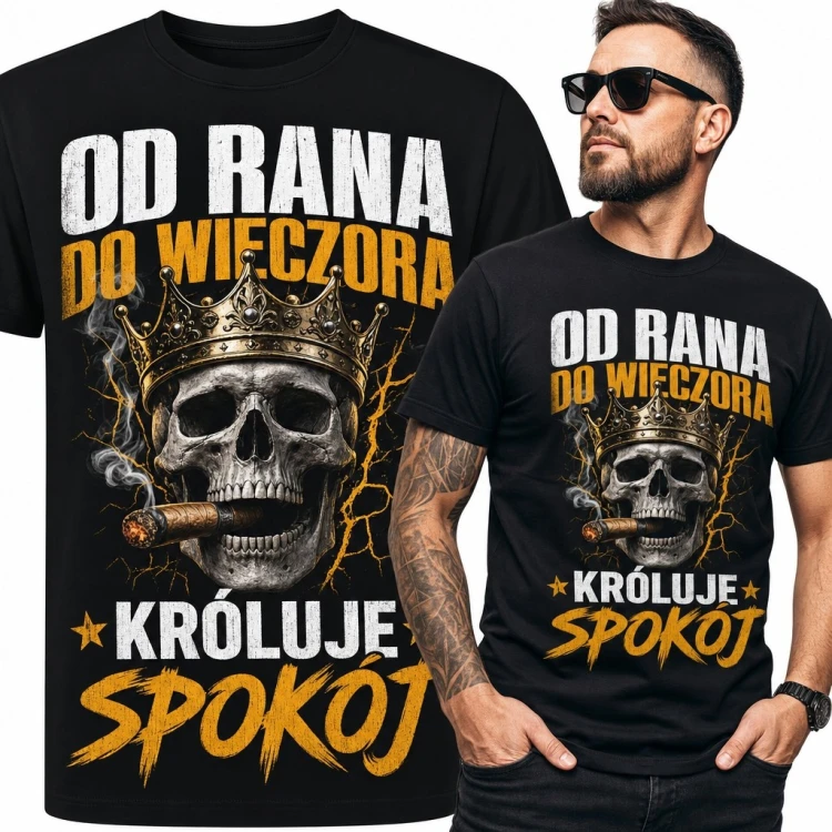 Koszulka męska z koronowaną czaszką i cygarem „Od rana do wieczora króluje spokój”