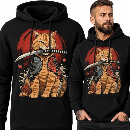 Bluza męska z kapturem z kotem samurajem - japoński nadruk