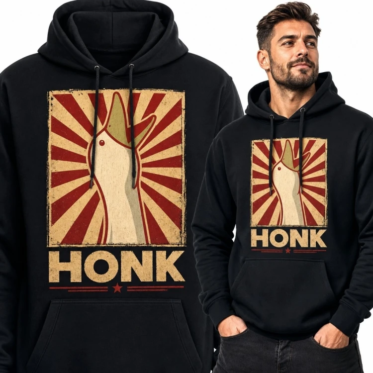 Bluza męska z kapturem z gęsią i napisem „Honk” - styl retro