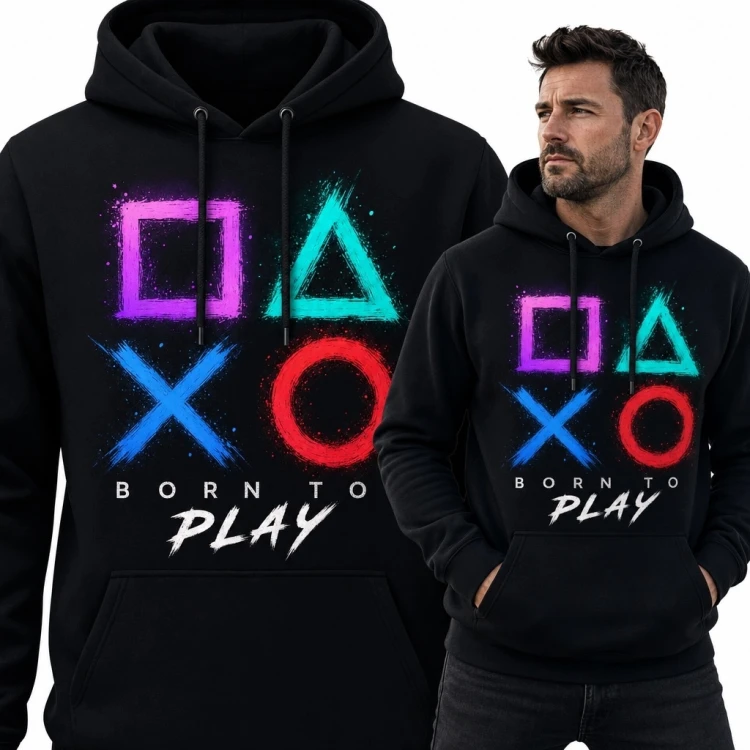 Bluza męska z kapturem dla gracza „Born to Play” - neonowe symbole kontrolera