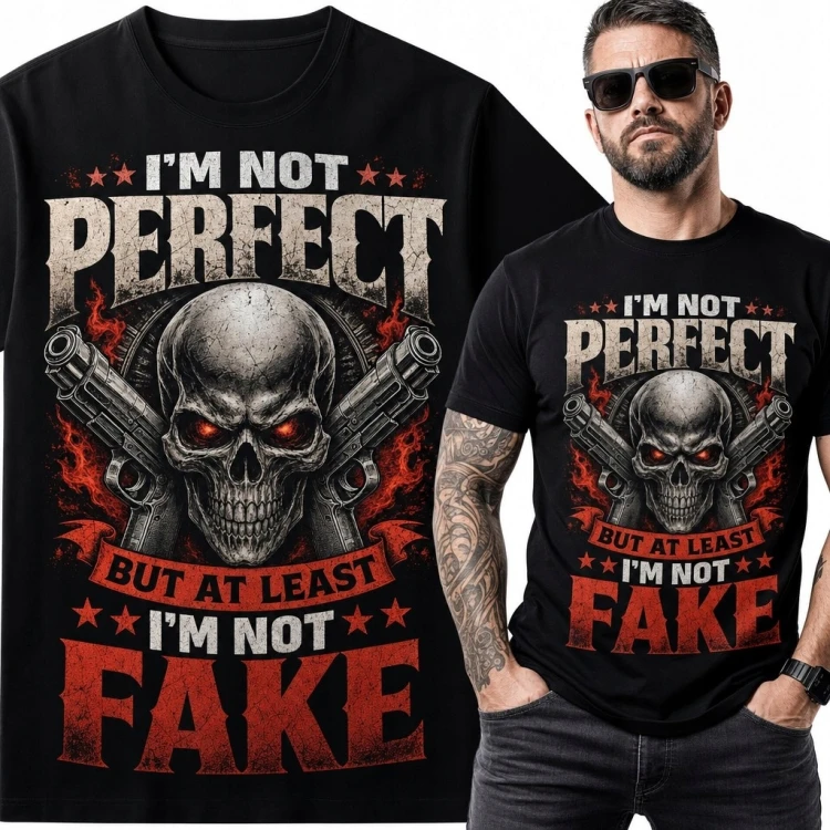 Koszulka męska z czaszką i pistoletami „I'm not perfect but at least I'm not fake” - mroczny nadruk
