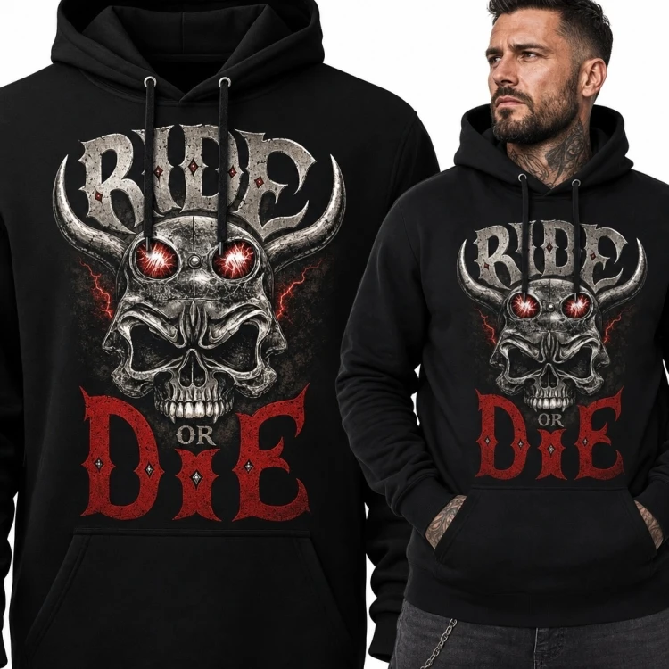 Bluza męska z kapturem „Ride or Die” z rogatą czaszką