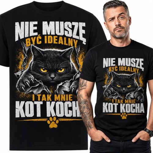 Koszulka męska z czarnym kotem „Nie muszę być idealny i tak mnie kot kocha” - humorystyczny nadruk