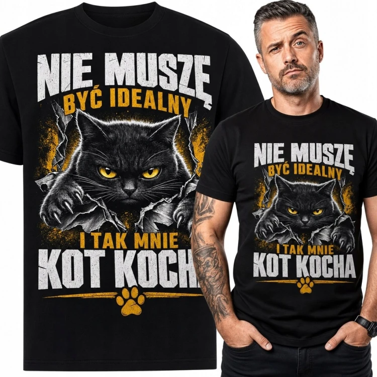 Koszulka męska z czarnym kotem „Nie muszę być idealny i tak mnie kot kocha” - humorystyczny nadruk