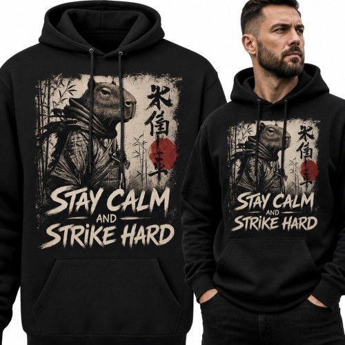 Bluza męska z kapturem „Stay calm and strike hard” - samurajski welociraptor