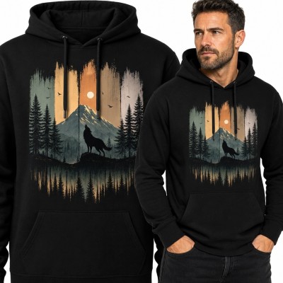 Bluza męska z kapturem z wilkiem - góry, las i zachód słońca