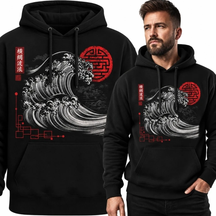 Bluza męska z kapturem z japońską falą - czarna z czerwonymi akcentami