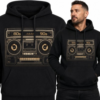 Bluza męska z kapturem z boomboxem i napisem „80s / 90s” - muzyczne retro