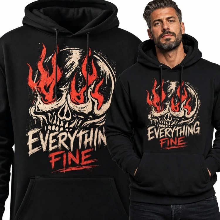 Bluza męska z kapturem z płonącą czaszką „Everything fine”