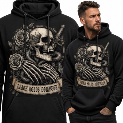 Bluza męska z kapturem - gotycka czaszka „Death holds dominion”