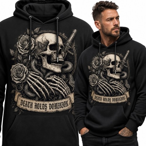 Bluza męska z kapturem - gotycka czaszka „Death holds dominion”