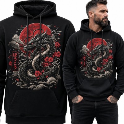 Bluza męska z kapturem - japoński smok i czerwone słońce