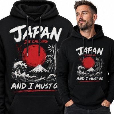 Bluza męska z kapturem „Japan Is Calling And I Must Go” - Japonia, Fuji i fala