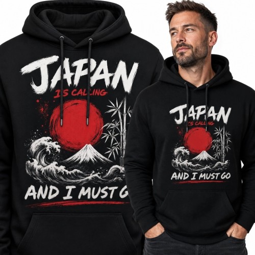 Bluza męska z kapturem „Japan Is Calling And I Must Go” - Japonia, Fuji i fala