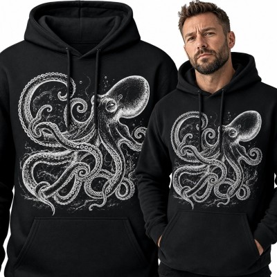 Bluza męska z kapturem - duża ośmiornica w mrocznym morskim stylu