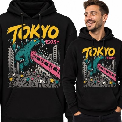 Bluza męska z kapturem z potworem atakującym pociąg i napisem „Tokyo”
