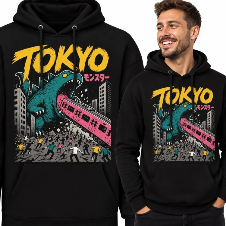 Bluza męska z kapturem z potworem atakującym pociąg i napisem „Tokyo”