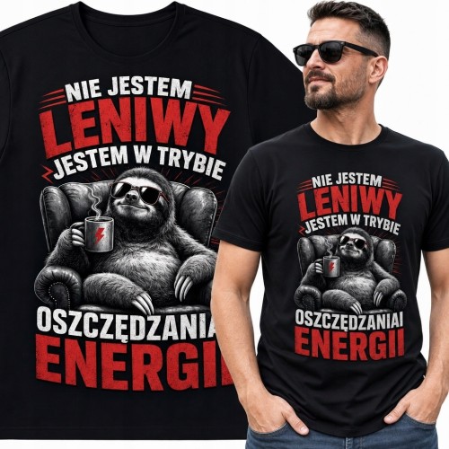Koszulka męska z leniwcem w fotelu i napisem „Nie jestem leniwy, jestem w trybie oszczędzania energii”