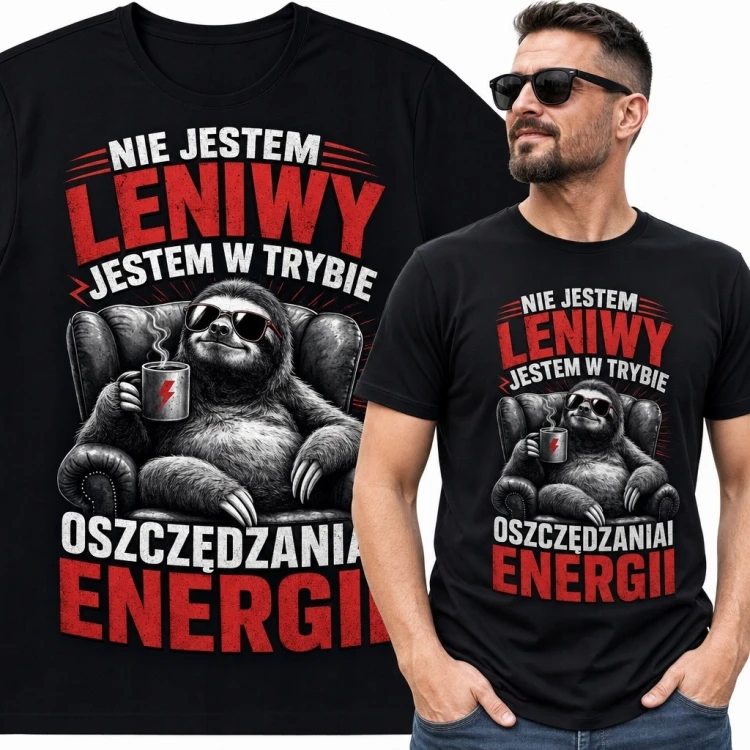 Koszulka męska z leniwcem w fotelu i napisem „Nie jestem leniwy, jestem w trybie oszczędzania energii”