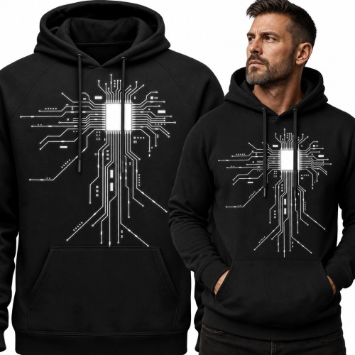 Bluza męska z kapturem z mikroprocesorem - technologiczny wzór dla fana elektroniki