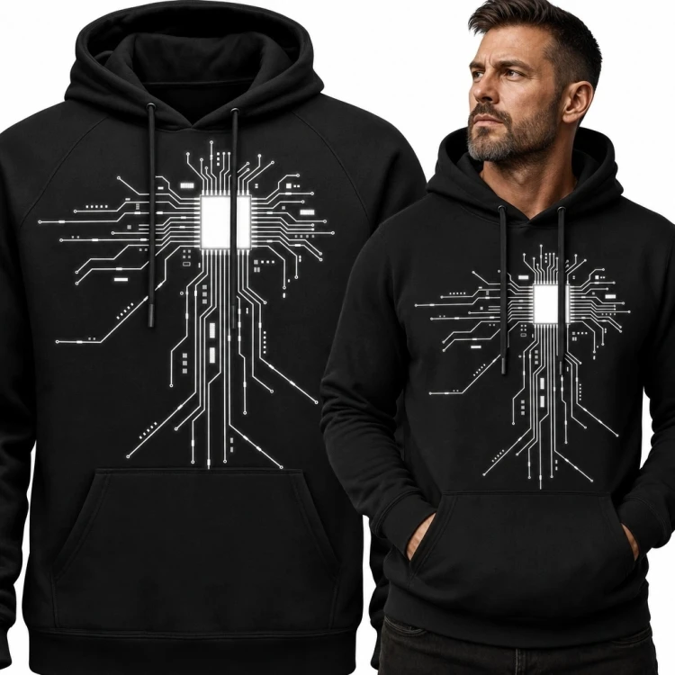 Bluza męska z kapturem z mikroprocesorem - technologiczny wzór dla fana elektroniki