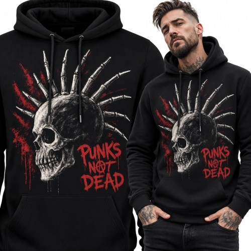 Bluza męska z kapturem z czaszką i napisem „Punks Not Dead” - punkowy wzór
