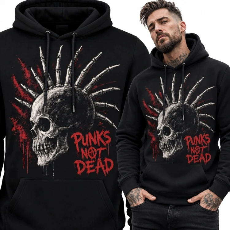 Bluza męska z kapturem z czaszką i napisem „Punks Not Dead” - punkowy wzór
