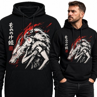 Bluza męska z kapturem z wojowniczką i białym wilkiem - „もののけ姫”